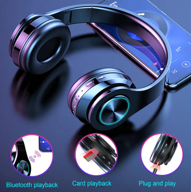 Wireless Headset T6 TWS Universal Over Ear Headphone Dual Earbuds Bass 3D Stereo Sport Bluetooth Headset Foldable with RGB Game Colorful Breathing Lights